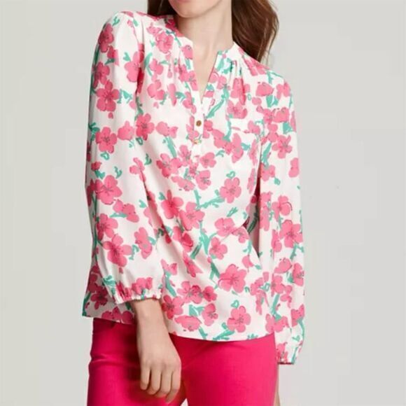 Lilly Pulitzer Tops - Lilly‎ Pulitzer Alima Women's Pink Floral and Trees V-Neck Blouse Size S